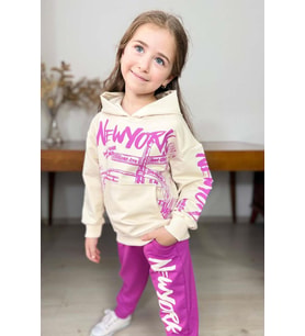 Kız Çocuk Üzeri New York Yazı Detaylı Bilekleri Manşetli Sweatshirt Mor Eşofman