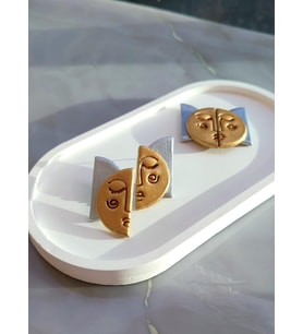 Abstract Face Gold & Silver El Yapımı Özel Tasarım Yüz Küpe - Sanatsal ve Şık