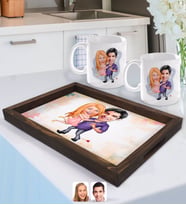 BK Gift Kişiye Özel Sevgililer Karikatürlü Doğal Ahşap Tepsi ve 2’li Kupa Bardak Seti-3