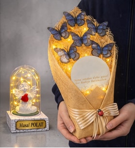 Kişiye Özel Led Işıklı Fanus ve Led Işıklı Aynalı Mavi Kelebek Buketi Hediye Seti (Model 3)