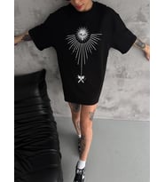 kadın Bisiklet Yaka Baskılı Oversize Kısa kol T-Shirt - Siyah