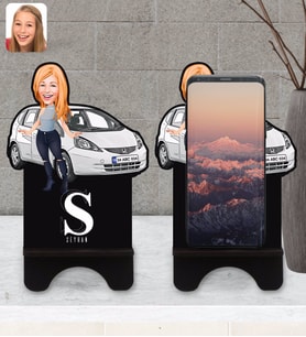 BK Gift Kişiye Özel Plakalı Kadın Honda Jazz Karikatürlü Ahşap Biblo Telefon Standı-1