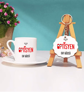 Optisyen Türk Kahvesi Fincanı Beyaz ve Anahtarlık