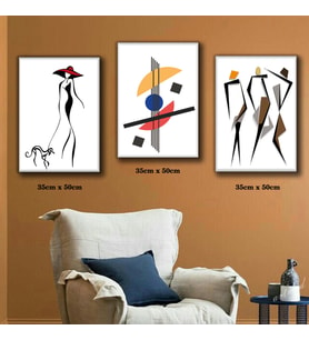 Beyaz arka planlı çizgi resimler 3lü kadın moda tablosu 3 adet 35cmx50cm kumaş baskılı canvas tablo