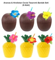 Ananas Hindistan Cevizi Tasarımlı Pipetli Bardak Seti (6 Adet)
