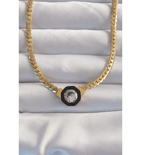 316L Çelik Gold Renk Ezme Zincir Zirkon Taşlı Mineli Serenay Kolyesi TJ-BKO8958