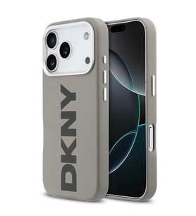 Apple iPhone 17 Pro Uyumlu Kılıf DKNY Orjinal Lisanslı M-safe Şarj Özellikli PU Büyük Dikey Logolu Kapak (Bej)