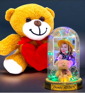 Size Özel Renkli Led Işıklı Fanus ve Kalpli Peluş Ayıcık Hediye Seti (Model 9)