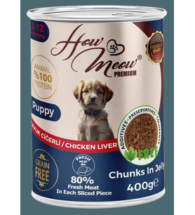 HOW MEOW 12 ADET JÖLELİ PARÇA ETLİ YAVRU KÖPEK YAŞ MAMASI TAVUK CİĞERLİ 400 GRAM