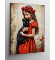 Kanvas Tablo Kedi Ve Çiçek Taclı Kız
