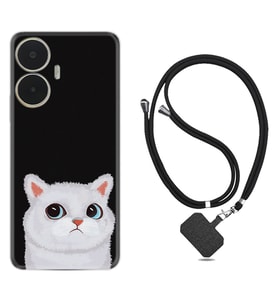 Realme C55 Kılıf Resimli Boyun Askılı İpli Desenli Silikon Series White Cat 1835