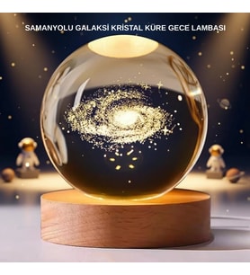 Samanyolu Desenli Kristal Küre Ahşap Standlı Gün Işığı Led Masa Lambası