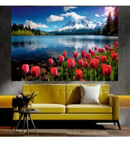 Laleler ve Karlı Dağ Manzaralı Sanatsal Dekoratif Duvar Tablosu (70x100 cm)