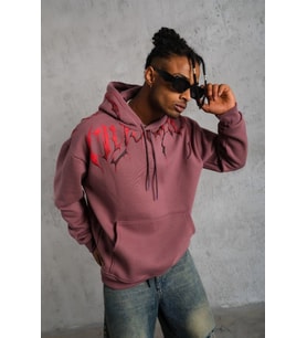 Erkek 3 İplik Pamuklu Baskılı Kapüşonlu Cepli Sweatshirt Hoodie - Gül Kurusu