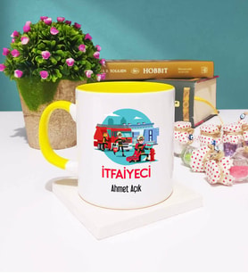 İtfaiyeci Tasarımlı Kişiye Özel Hediye İtfaiyeci Kupa Bardak Sarı