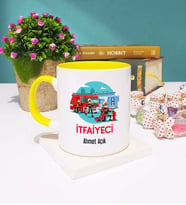 İtfaiyeci Tasarımlı Kişiye Özel Hediye İtfaiyeci Kupa Bardak Sarı