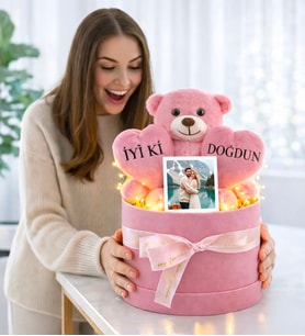 Kişiye Özel Fotoğraflı İyi ki Doğdun Tasarımlı Peluş Ayıcık Buketi (Pembe)