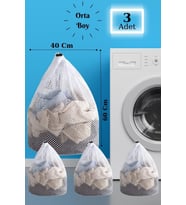 LBag  3 Adet Çamaşır Yıkama Filesi İpli 40x60 Cm  Çorap Perde Filesi (Beyaz)