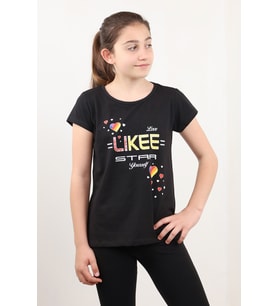 Toontoy Kız Çocuk Likee Star Kalp Baskılı Tişört (Siyah)