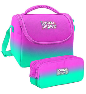 Coral High Pembe Su Yeşili Renk Geçişli Desenli Kız Çocuk Isı Yalıtımlı Beslenme Çantası ve Kalemlik Seti