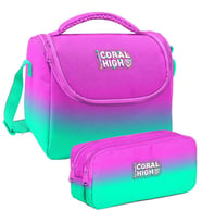 Coral High Pembe Su Yeşili Renk Geçişli Desenli Kız Çocuk Isı Yalıtımlı Beslenme Çantası ve Kalemlik Seti