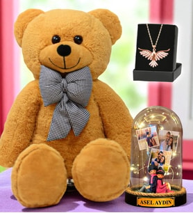Büyük Boy Kahverengi Peluş Ayıcık, Size Özel Led Işıklı Fanus ve Zümrüdü Anka Kuşu Kolye (Model 8)