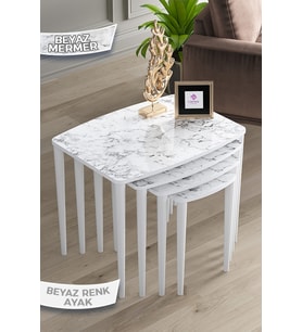Mdf 1.sınıf 4lü Beyaz Mermer Desen Zigon Sehpa Takımı