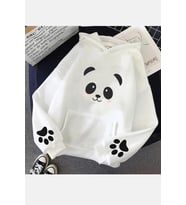 Sevimli Panda Kol Detaylı Beyaz Kapşonlu Sweatshirt