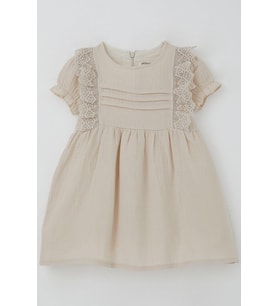Breeze Kız Bebek Elbise Omuz Kısmı Güpür Detaylı Kolları Lastikli 9 Ay-3 Yaş, Bej