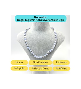 SERTİFİKALI Kalsedon Doğal Taş 6mm Makrome Kolye 45cm- 55cm Ayarlanabilir Ölçü