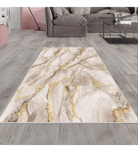 Sarı Mermer Desenli Gold Detay Yıkanabilir Kaymaz Taban Leke Tutmaz Modern Salon Halısı ve Yolluk
