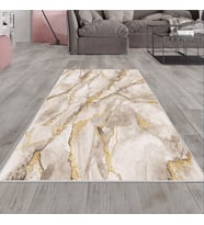 Sarı Mermer Desenli Gold Detay Yıkanabilir Kaymaz Taban Leke Tutmaz Modern Salon Halısı ve Yolluk