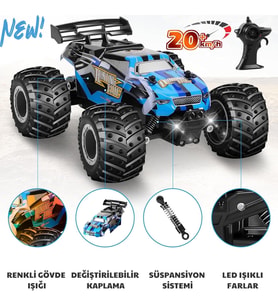 Uzaktan Kumandalı Şarjlı Led Işıklı Drift Atan 20 Km Hız Yapan Yüksek Hızlı Off Road Oyuncak Araba (Mavi)