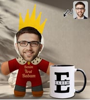 BK Gift Kişiye Özel Fotoğraflı Kral Babam Tasarımlı Bebek Yastık-1 & Siyah Kupa Bardak Hediye Seti-4, Babalar Günü Hediye, Babaya Hediye