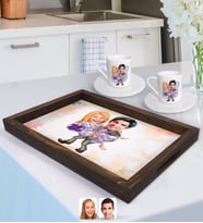 BK Gift Kişiye Özel Sevgililer Karikatürlü Doğal Ahşap Tepsi ve 2’li Kahve Fincan Seti-56