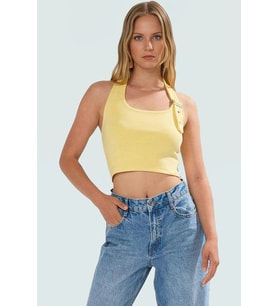 Fitted Kalıp Viskoz Ribana Crop Bluz Boyundan Bağlamalı Yaka Günlük Stil (Açık Sarı)