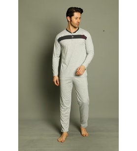 Yeni Sezon Erkek Pamuklu Rahat Kalıp Dört Mevsimlik Düz İnce Pijama Takımı 16501 (Açık Gri)