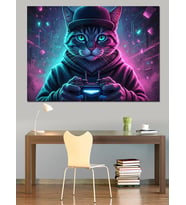 Neon Işıklı Oyuncu Kedi Portresi Dekoratif Kanvas - Mdf Ahşap Tablo