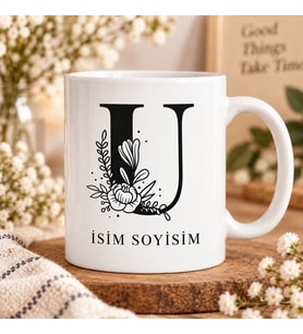 Kişiye Özel Baş Harf ve İsim Yazılı Çiçek Motifli U Harfli Seramik Kupa Bardak