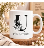 Kişiye Özel Baş Harf ve İsim Yazılı Çiçek Motifli U Harfli Seramik Kupa Bardak