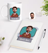 BK Gift Kişiye Özel Erkek Öğretmen Karikatürlü Beyaz Defter Kalem Kupa Seti - 3