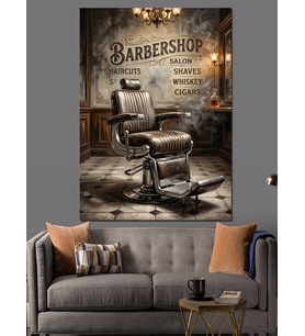 Barber Shop Klasik Koltuk Ve Tabela Dekoratif Kanvas - Mdf Ahşap Tablo