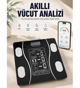 Akıllı Vücut Analiz Baskülü Bluetooth Bağlantılı 4 Sensörlü Lcd Ekranlı Dijital Tartı