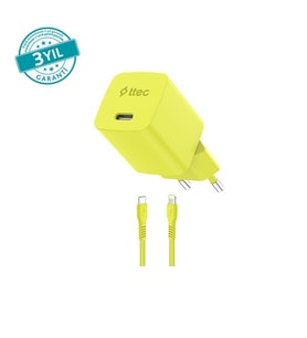 Ttec SmartCharger GAN 20W PD Seyahat Hızlı Şarj Aleti + USB-C - Lightning 120cm Kablo Neon Sarı