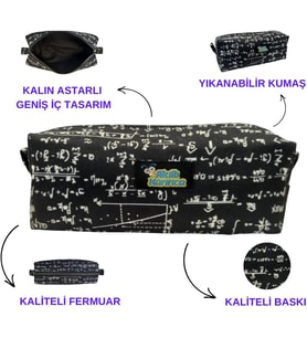 Matematik Formüllü Kalem Kutusu, Tek Gözlü, Siyah Beyaz Desenli, Fermuarlı Okul Kalemliği