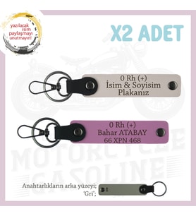 Motor Severlere Özel, İsim Plaka ve 0 Rh (+) Kan Grubu, Tasarım Deri 2'li Anahtarlık, Pudra-Pembe-Gr (Çok Renkli)