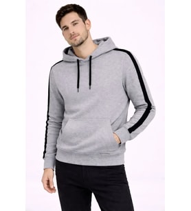 Erkek Şeritli Kapüşonlu Sweatshirt Oversize 3 Iplik Pamuklu - Gri