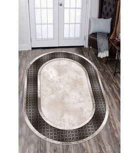 Bej Çerçeveli Kaymaz Tabanlı Yıkanabilir Oval Halı AR988 - 100 x 160 cm