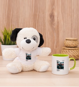 Kişiye Özel İnstagram Tasarım Fotoğraflı Peluş Köpek ve Yeşil Kupa