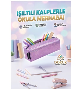 Mor simli kalp desenli tek bölmeli şık kalem kutusu